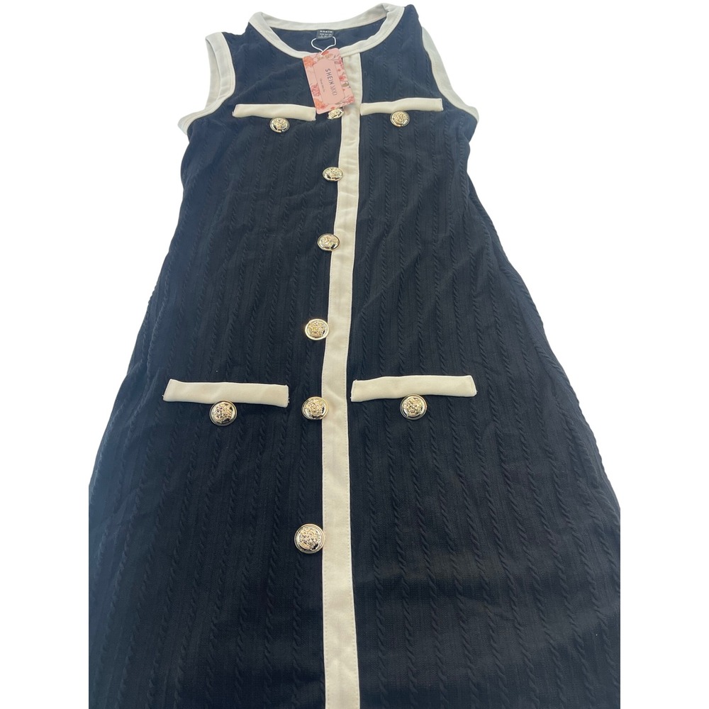 SHEIN Sleeveless Dress Black & White Trim Gold Buttons Size S EU 36 US 4 NWT - Picture 5 of 6